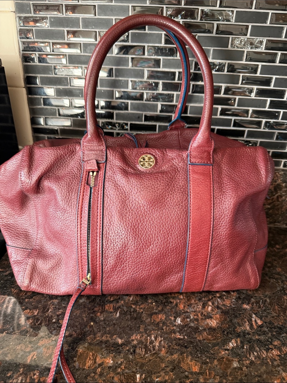 Tory Burch Burgundy Pebbled Leather Tote with Gold Logo